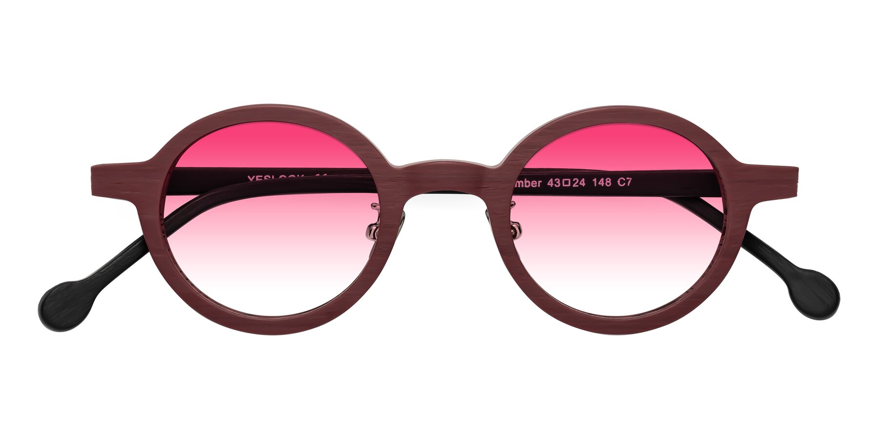 Folded Front of Timber in Burgundy-Black Woodgrain with Pink Gradient Lenses