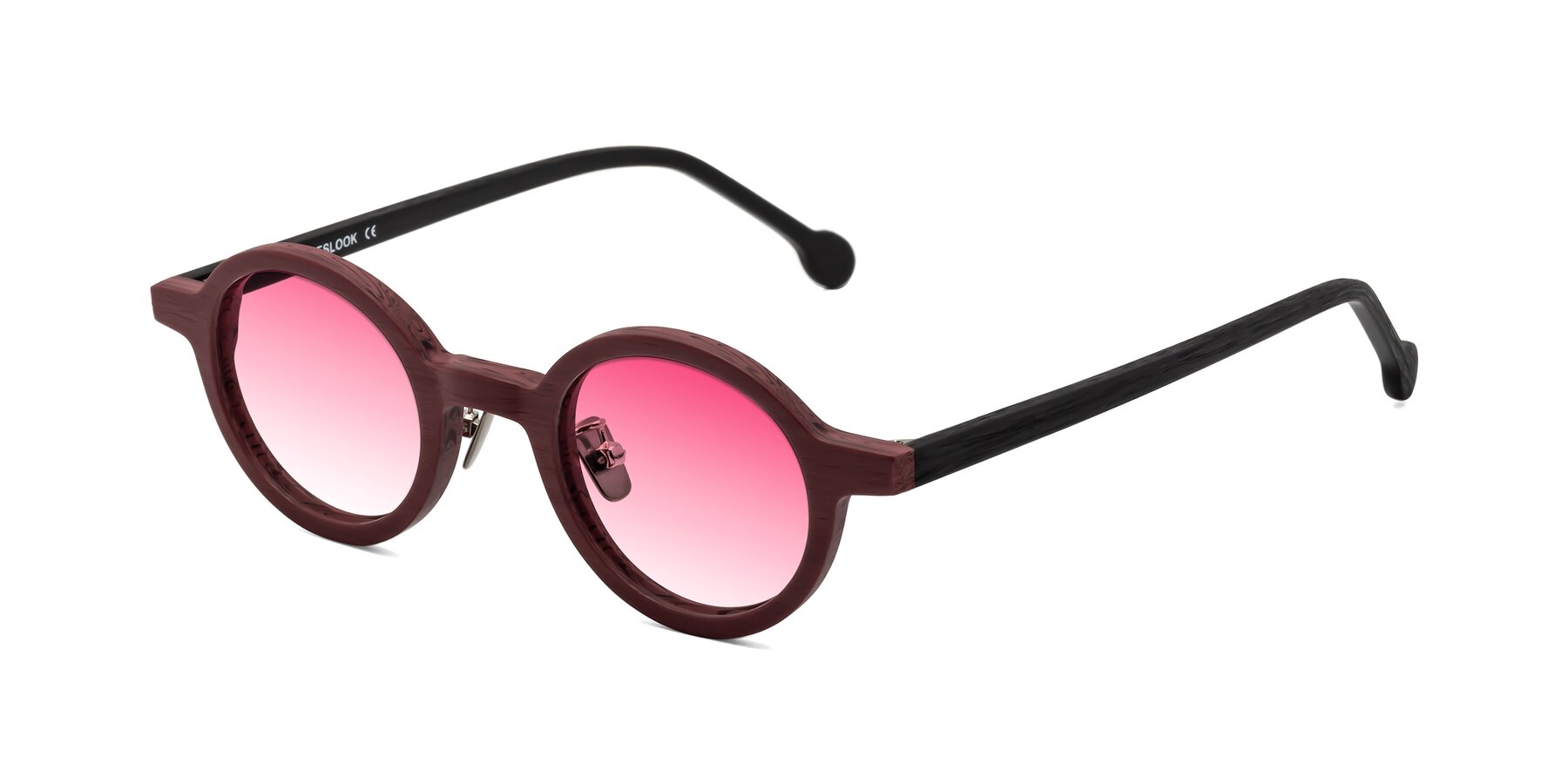 Angle of Timber in Burgundy-Black Woodgrain with Pink Gradient Lenses