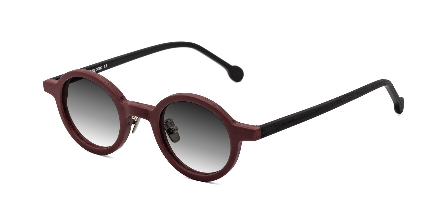 Angle of Timber in Burgundy-Black Woodgrain with Gray Gradient Lenses