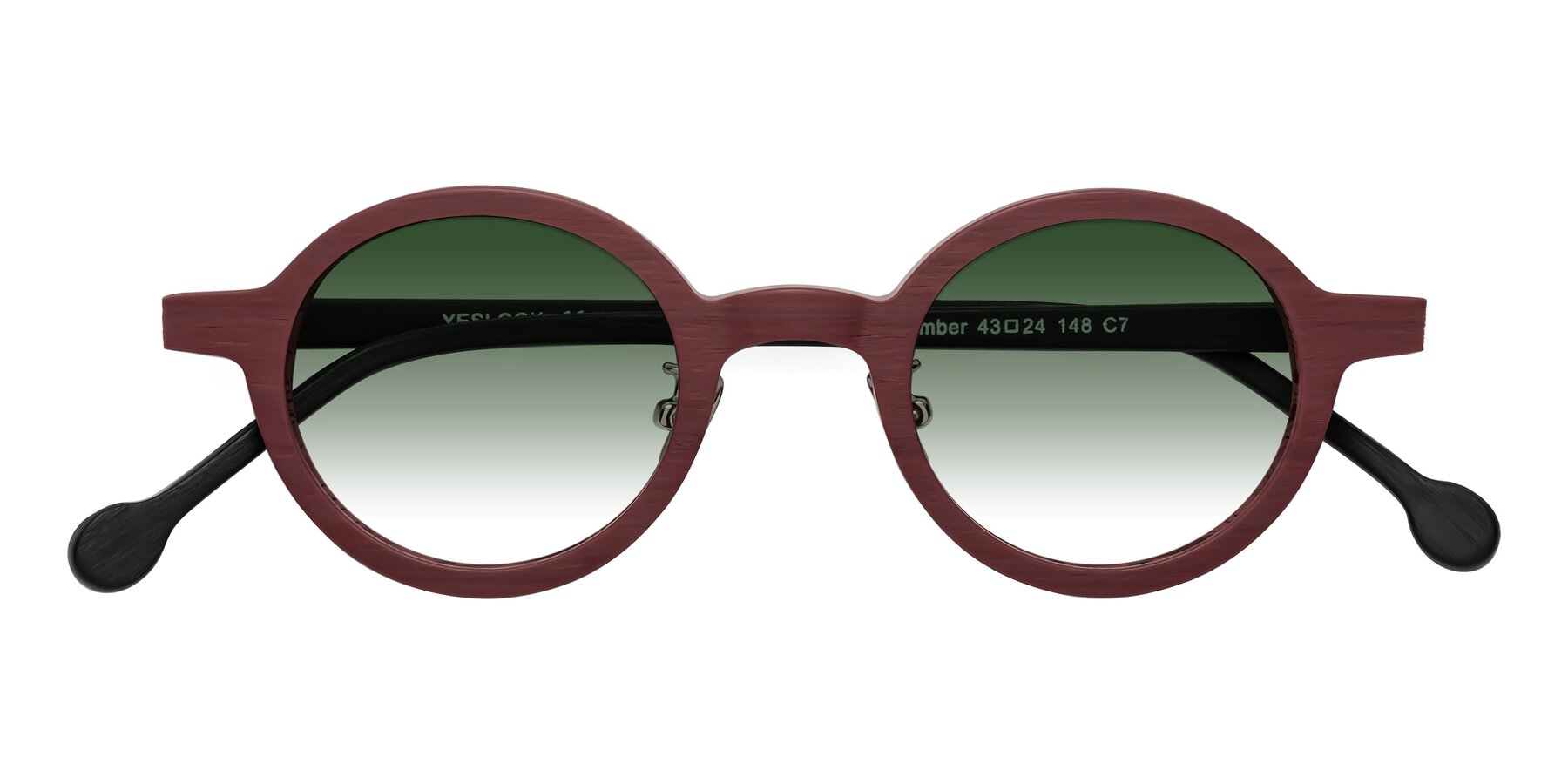 Folded Front of Timber in Burgundy-Black Woodgrain with Green Gradient Lenses