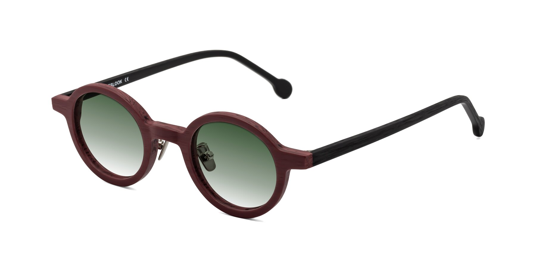 Angle of Timber in Burgundy-Black Woodgrain with Green Gradient Lenses