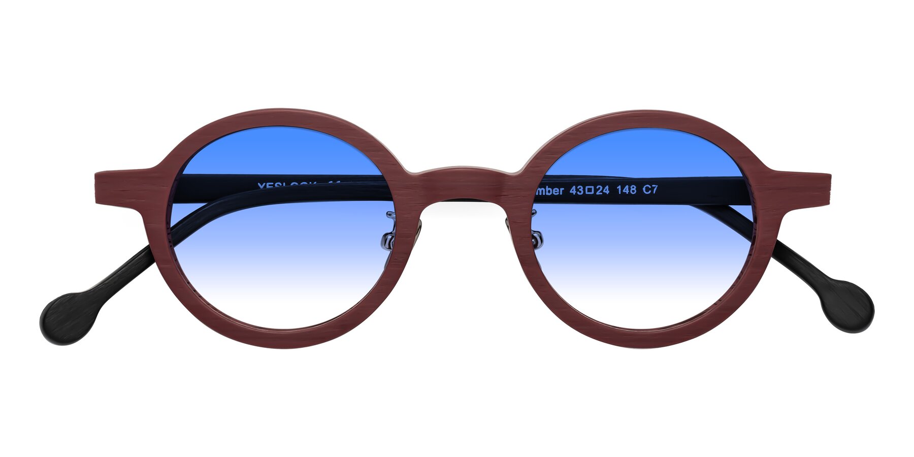 Folded Front of Timber in Burgundy-Black Woodgrain with Blue Gradient Lenses