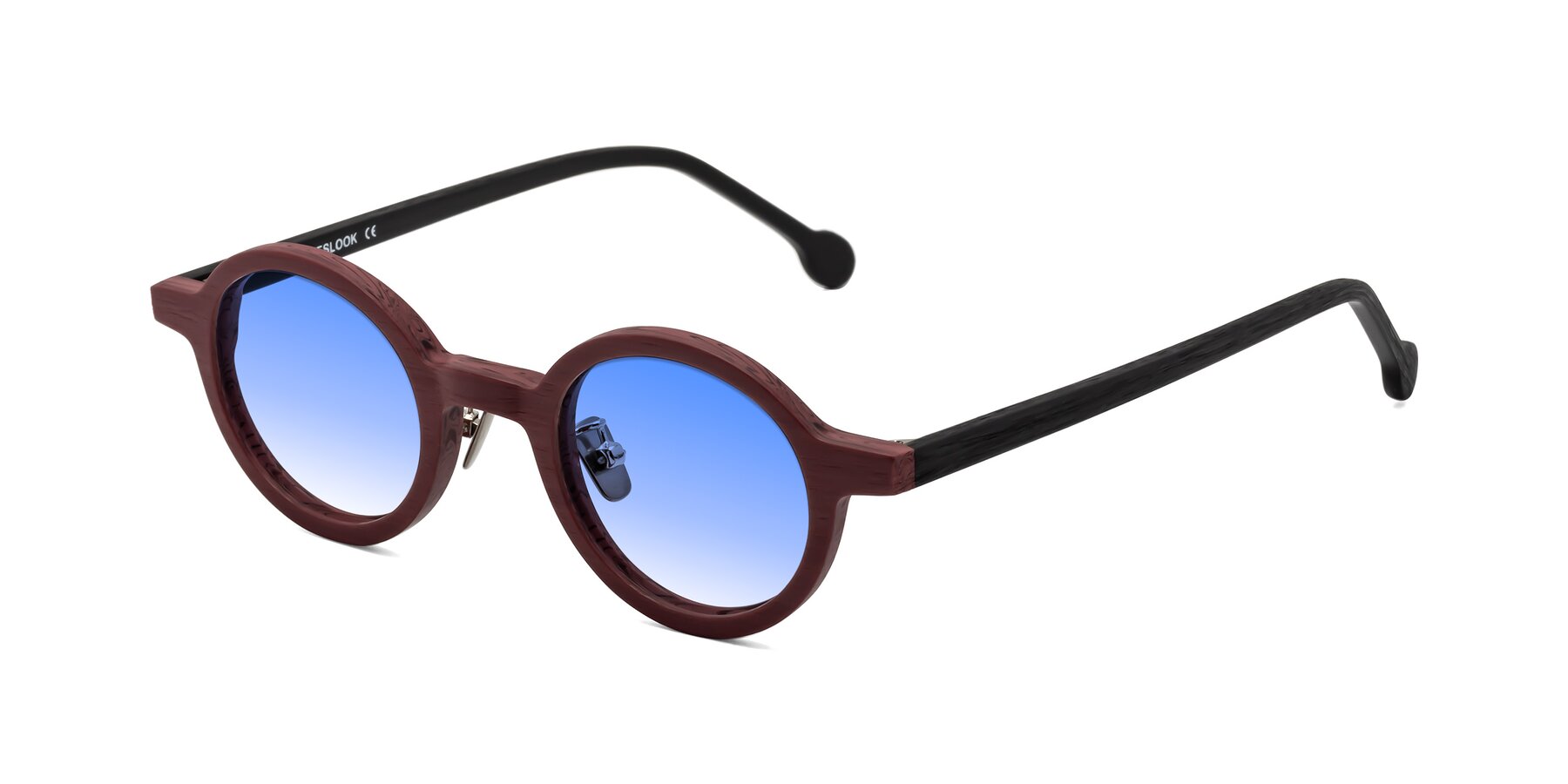 Angle of Timber in Burgundy-Black Woodgrain with Blue Gradient Lenses