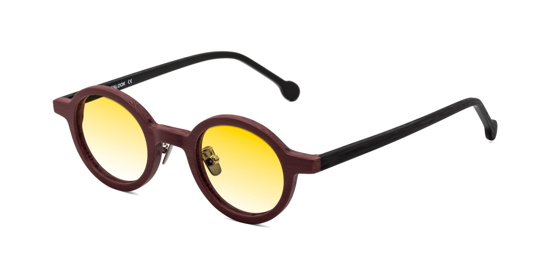 Angle of Timber in Burgundy-Black Woodgrain with Yellow Gradient Lenses