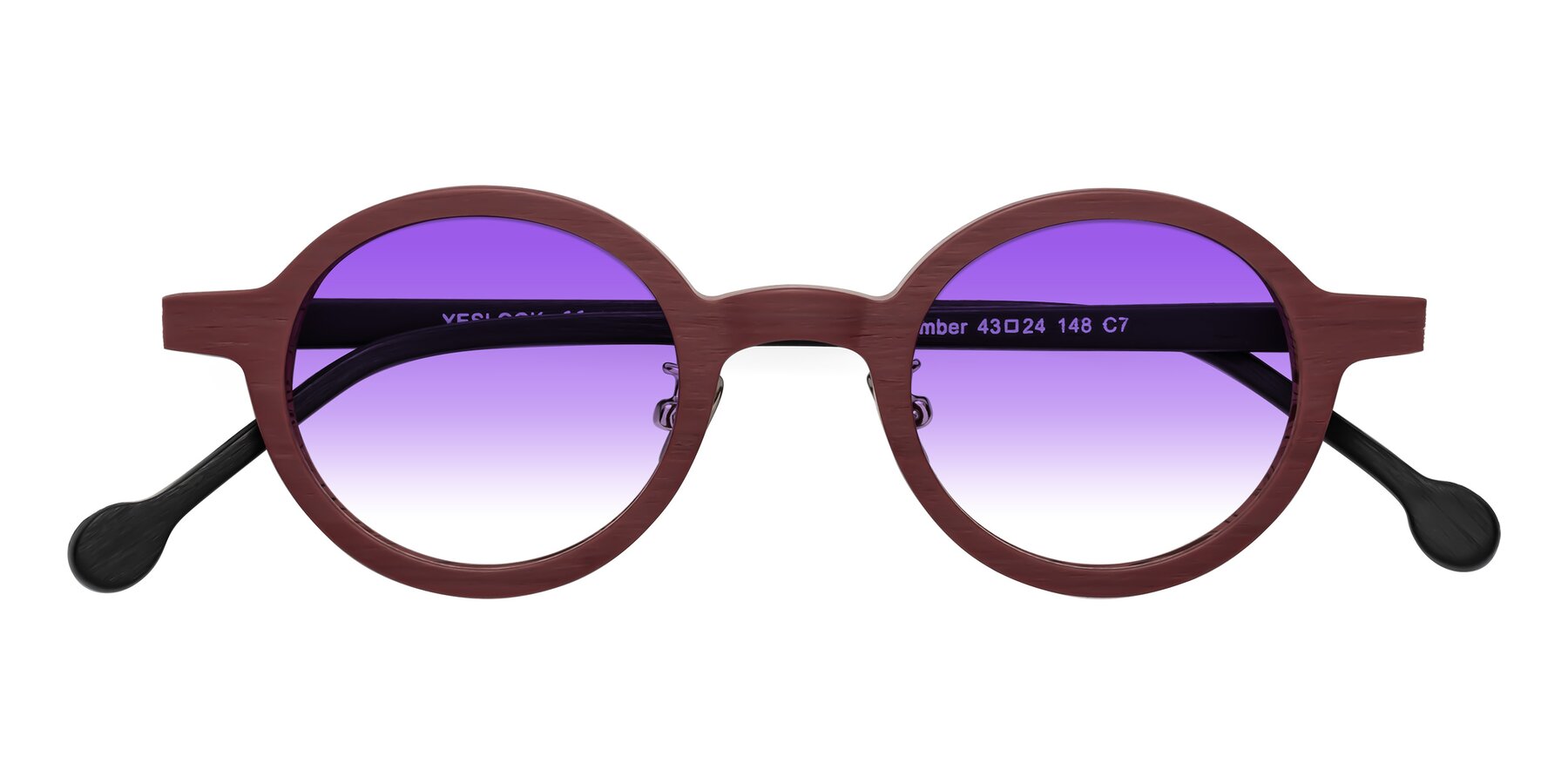 Folded Front of Timber in Burgundy-Black Woodgrain with Purple Gradient Lenses