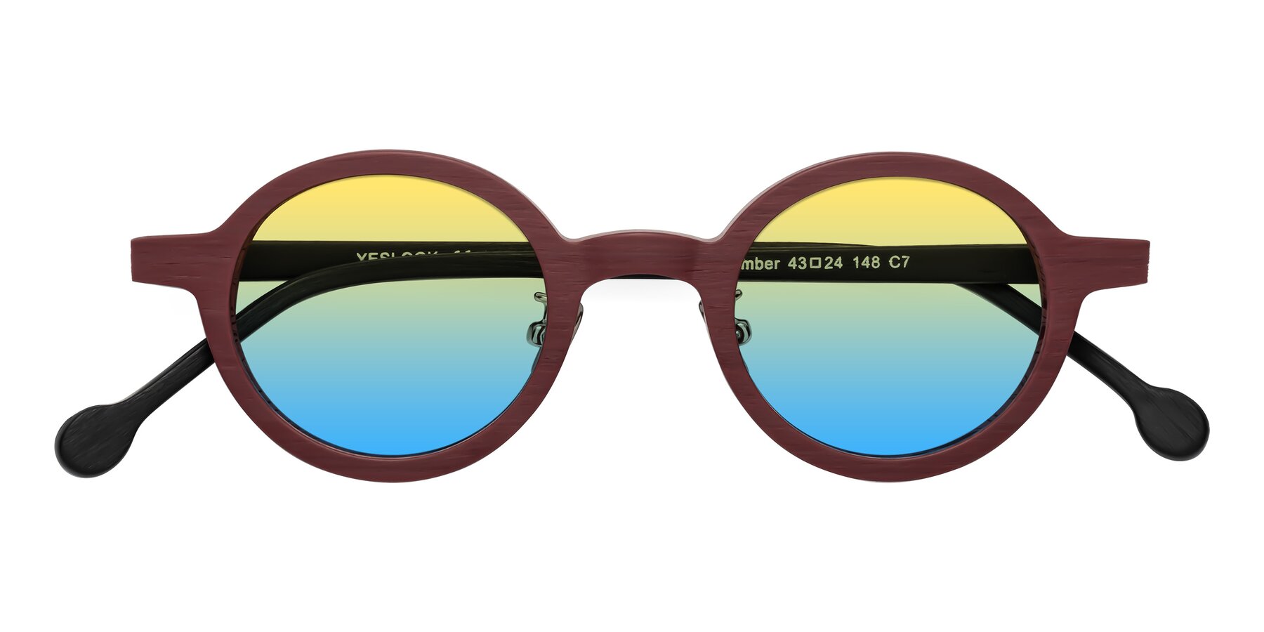 Folded Front of Timber in Burgundy-Black Woodgrain with Yellow / Blue Gradient Lenses