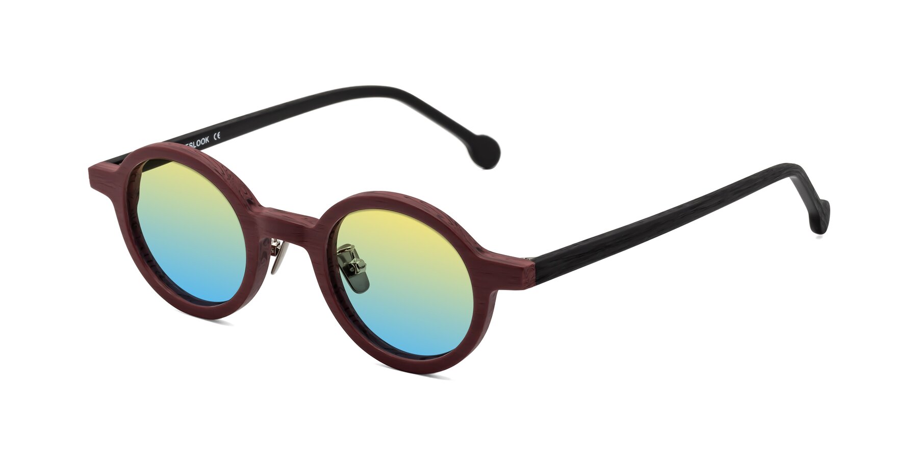 Angle of Timber in Burgundy-Black Woodgrain with Yellow / Blue Gradient Lenses