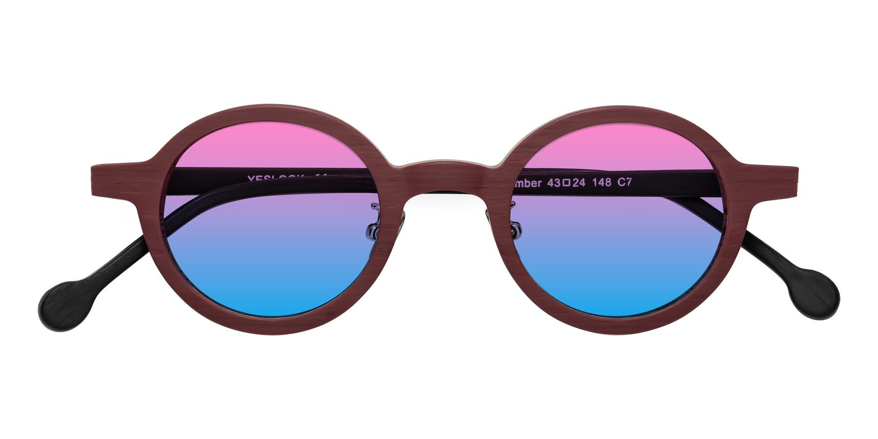 Folded Front of Timber in Burgundy-Black Woodgrain with Pink / Blue Gradient Lenses