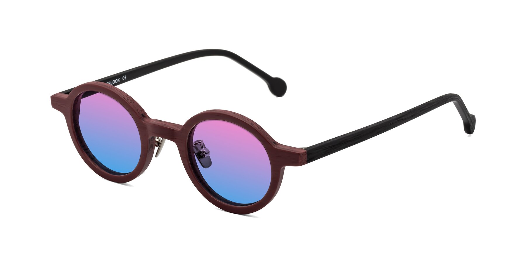 Angle of Timber in Burgundy-Black Woodgrain with Pink / Blue Gradient Lenses