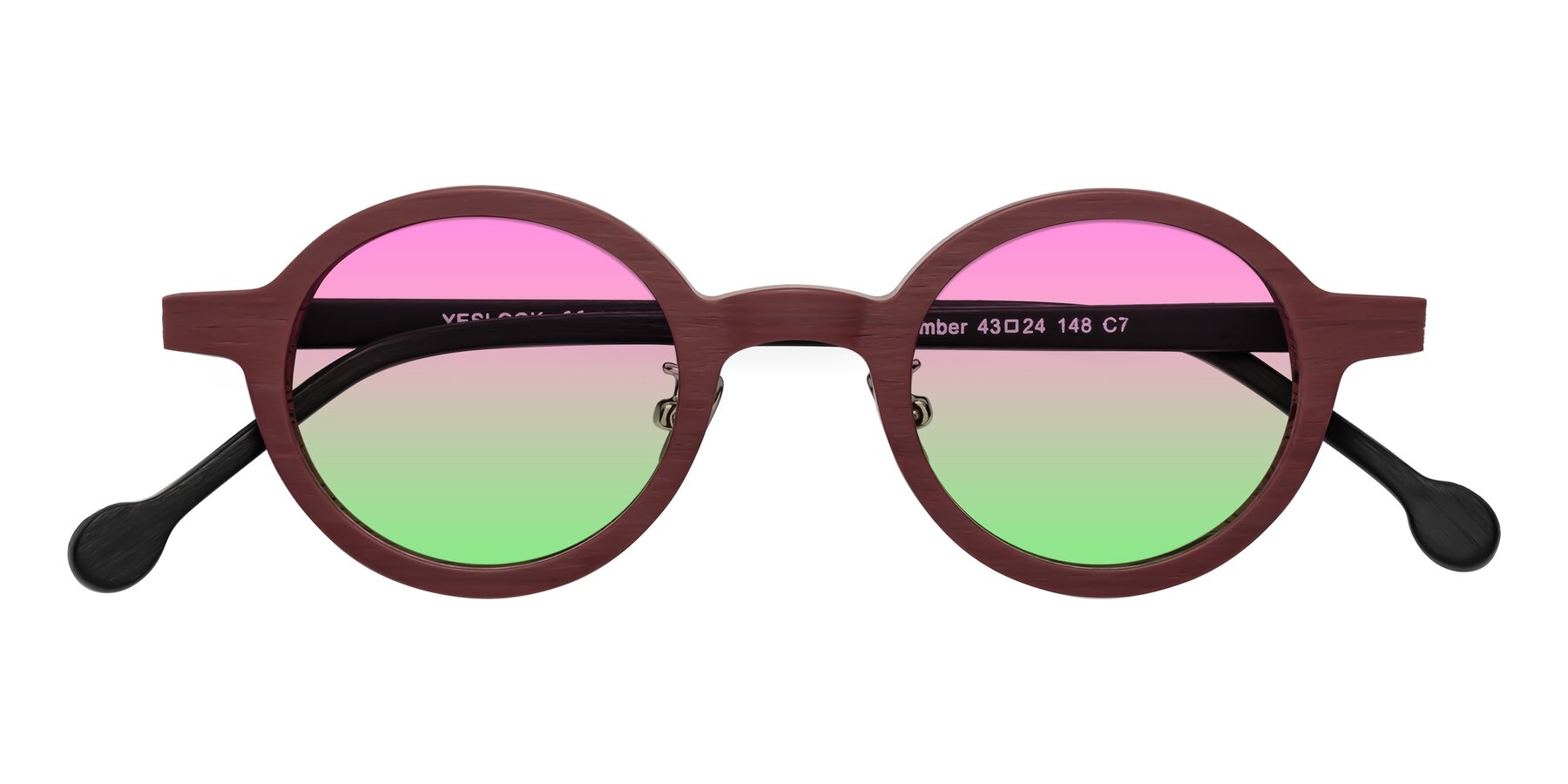 Folded Front of Timber in Burgundy-Black Woodgrain with Pink / Green Gradient Lenses