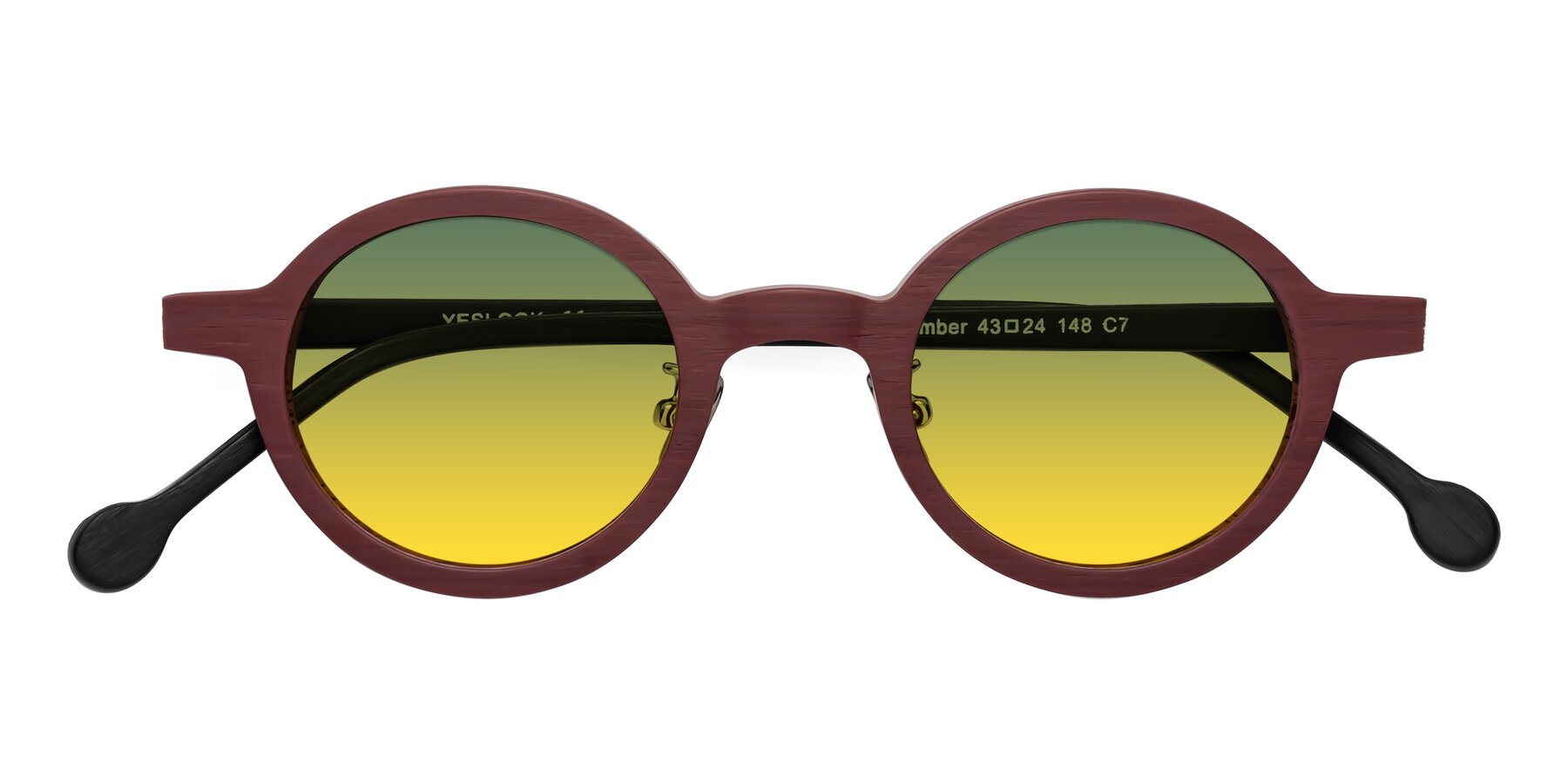 Folded Front of Timber in Burgundy-Black Woodgrain with Green / Yellow Gradient Lenses