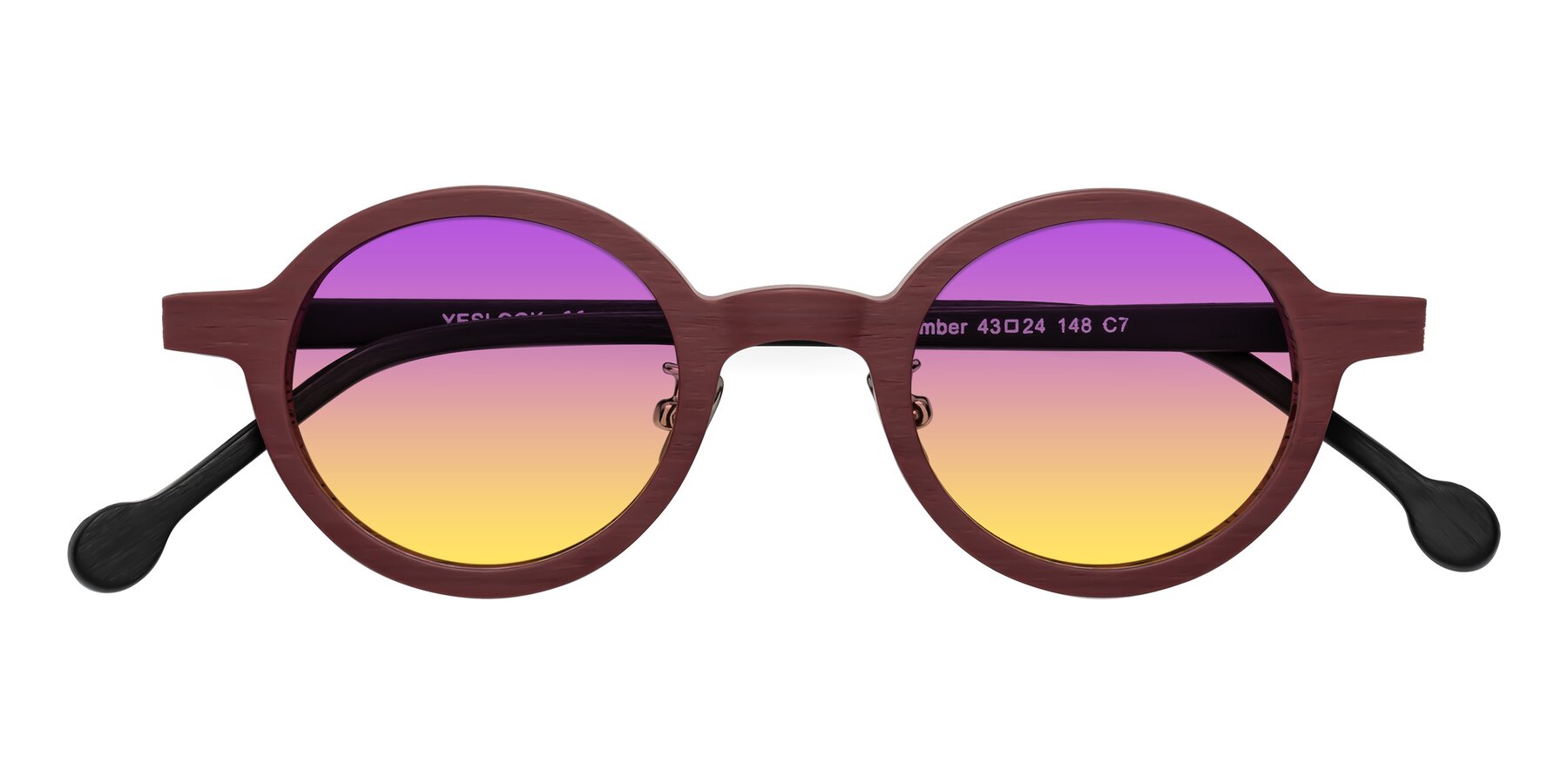 Folded Front of Timber in Burgundy-Black Woodgrain with Purple / Yellow Gradient Lenses