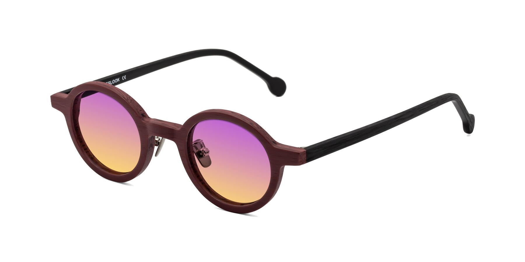 Angle of Timber in Burgundy-Black Woodgrain with Purple / Yellow Gradient Lenses