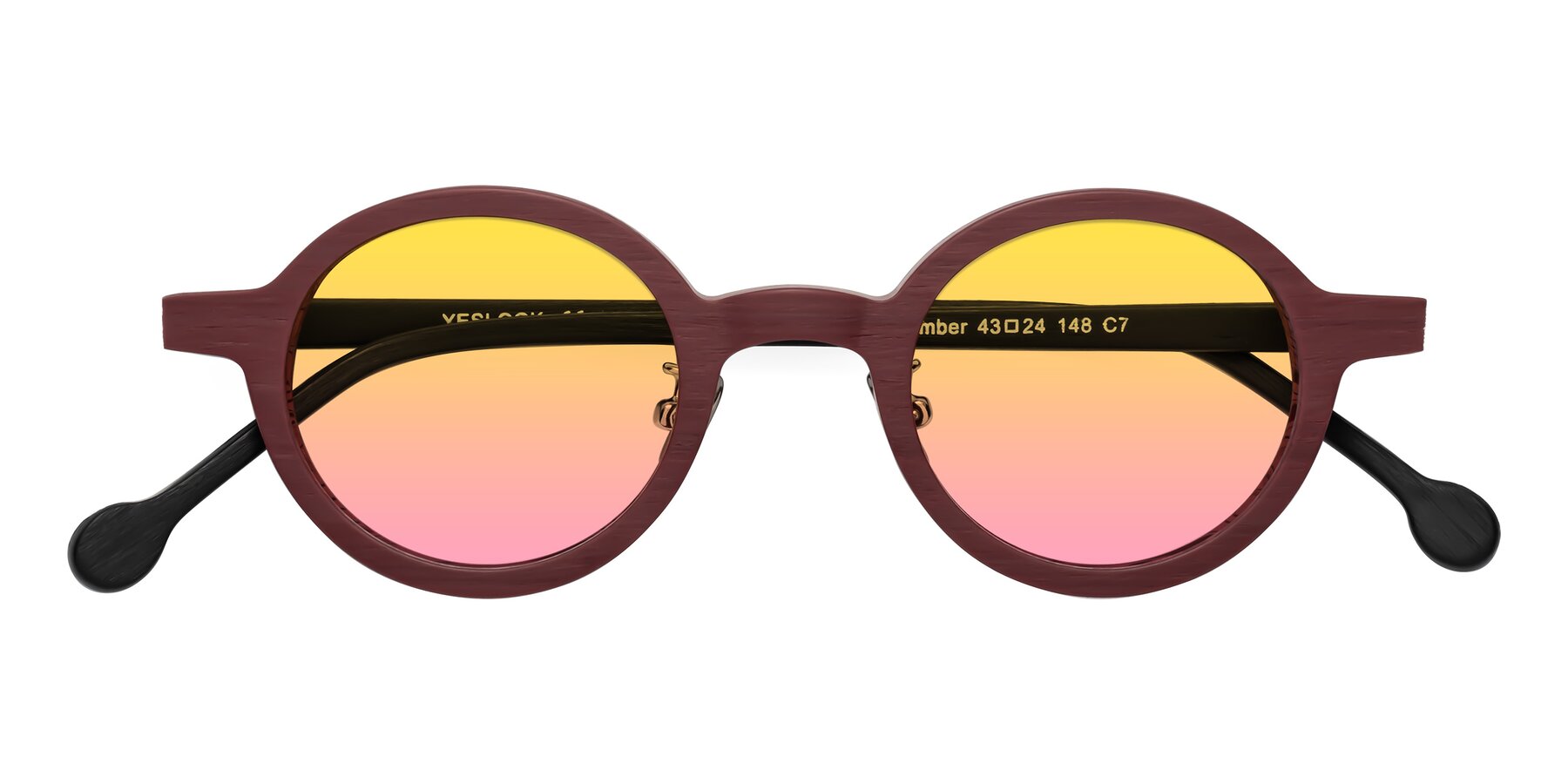 Folded Front of Timber in Burgundy-Black Woodgrain with Yellow / Pink Gradient Lenses