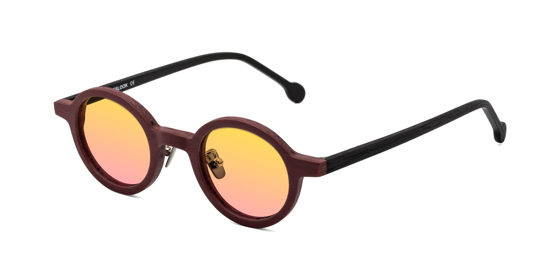 Angle of Timber in Burgundy-Black Woodgrain with Yellow / Pink Gradient Lenses