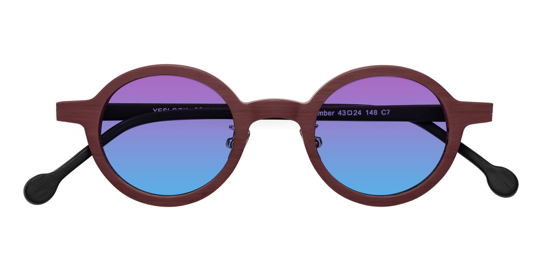 Folded Front of Timber in Burgundy-Black Woodgrain with Purple / Blue Gradient Lenses