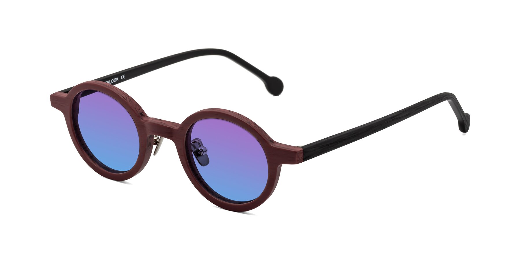 Angle of Timber in Burgundy-Black Woodgrain with Purple / Blue Gradient Lenses