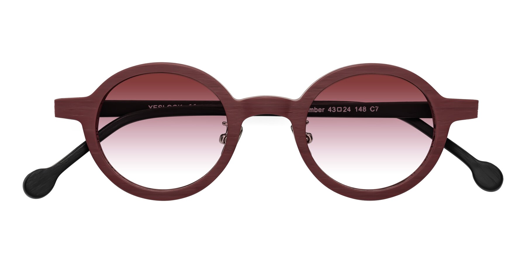 Folded Front of Timber in Burgundy-Black Woodgrain with Garnet Gradient Lenses