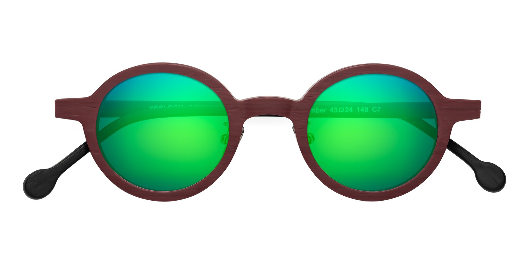 Folded Front of Timber in Burgundy-Black Woodgrain with Green Mirrored Lenses