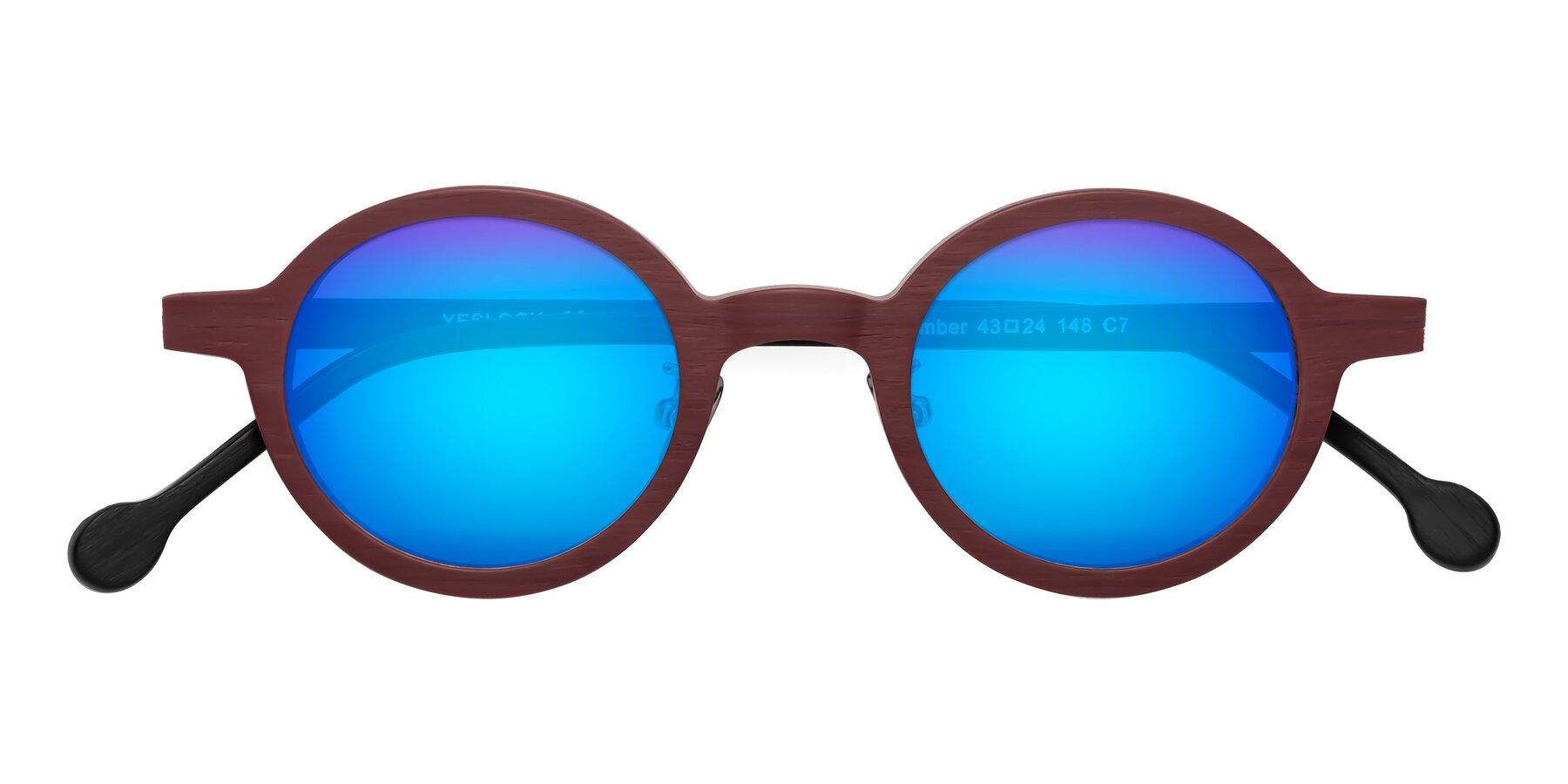 Folded Front of Timber in Burgundy-Black Woodgrain with Blue Mirrored Lenses