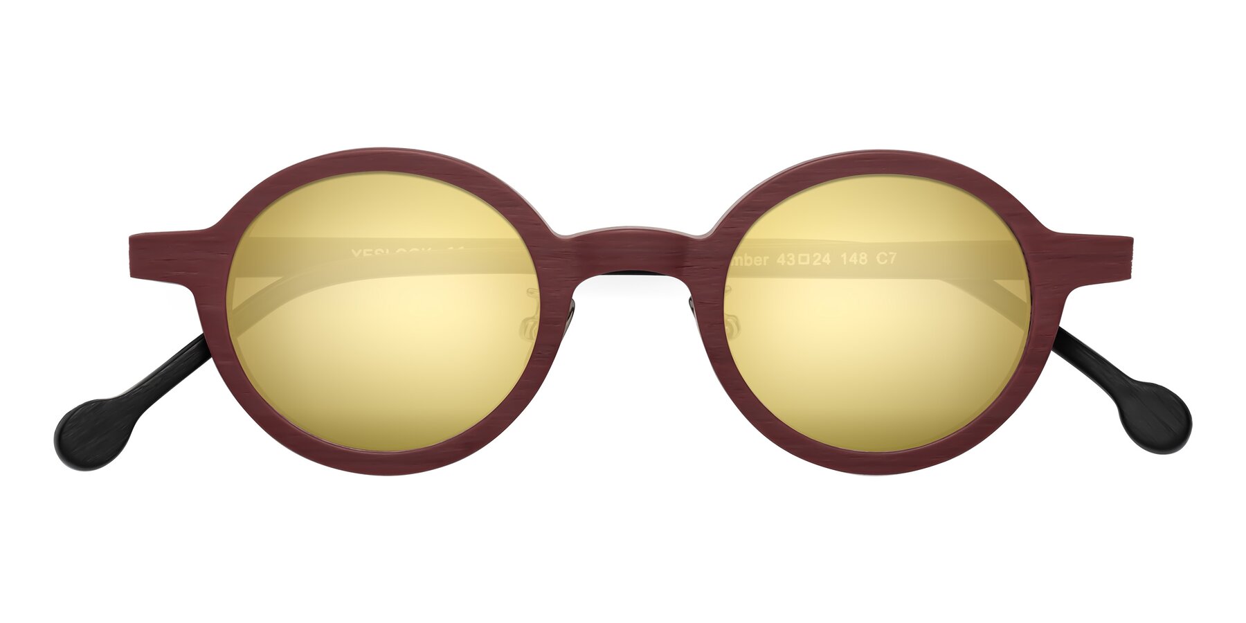 Folded Front of Timber in Burgundy-Black Woodgrain with Gold Mirrored Lenses