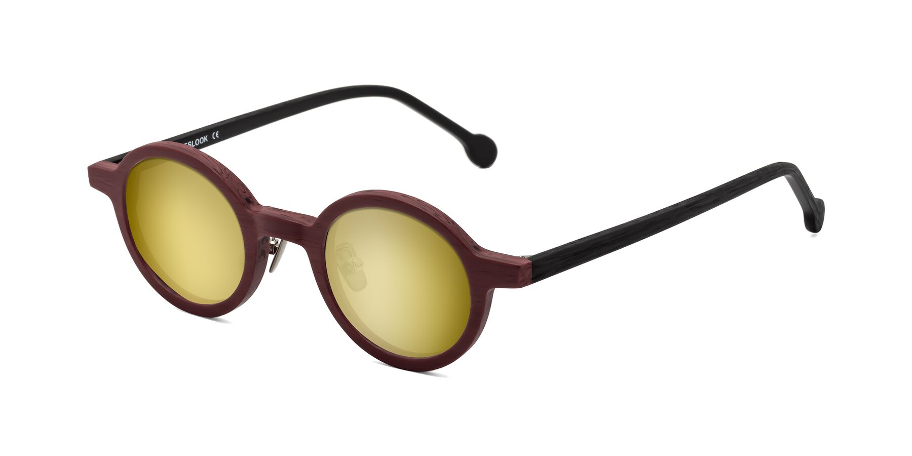 Angle of Timber in Burgundy-Black Woodgrain with Gold Mirrored Lenses