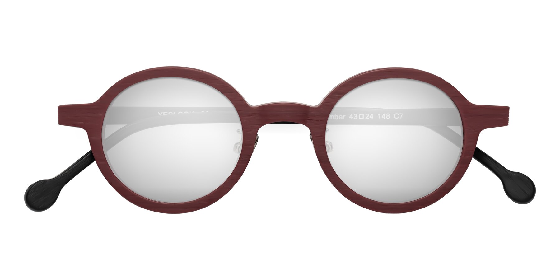 Folded Front of Timber in Burgundy-Black Woodgrain with Silver Mirrored Lenses