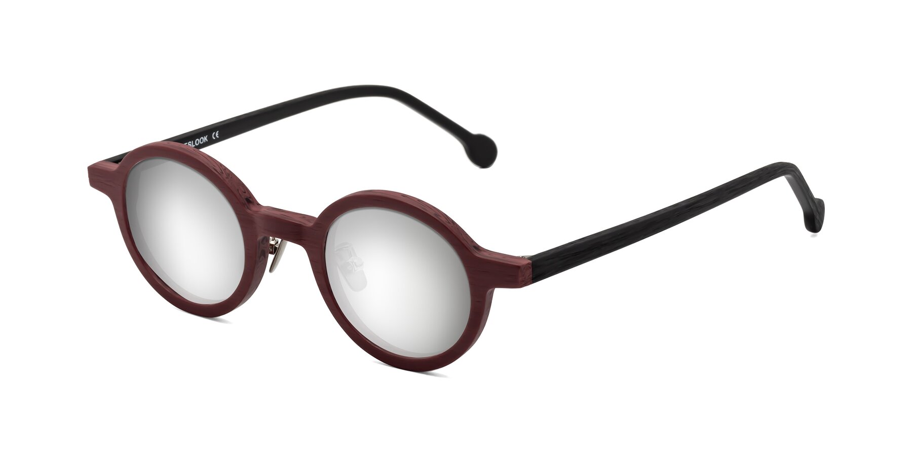 Angle of Timber in Burgundy-Black Woodgrain with Silver Mirrored Lenses