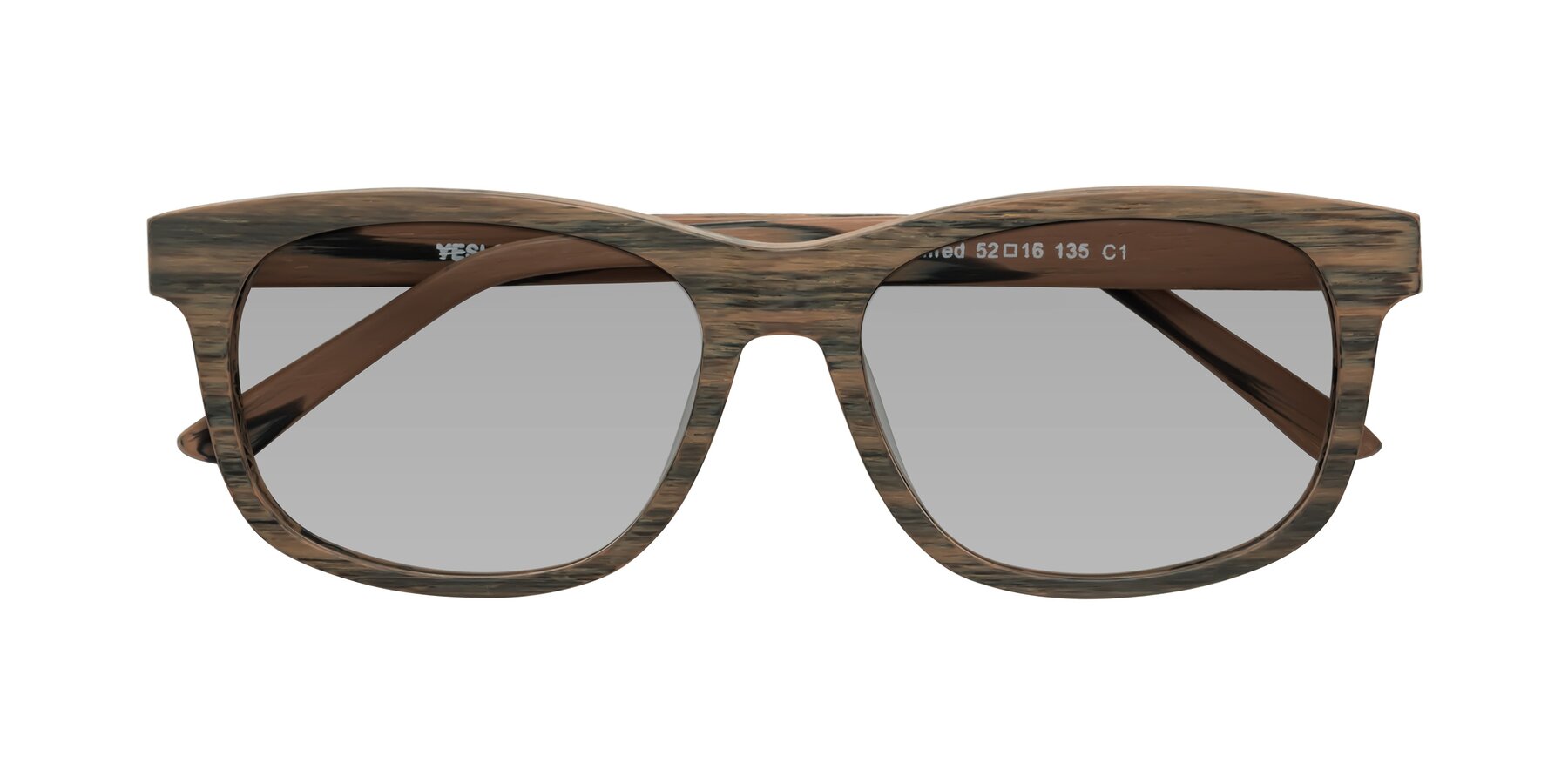 Folded Front of Alfred in Burnt Tan Woodgrain with Light Gray Tinted Lenses