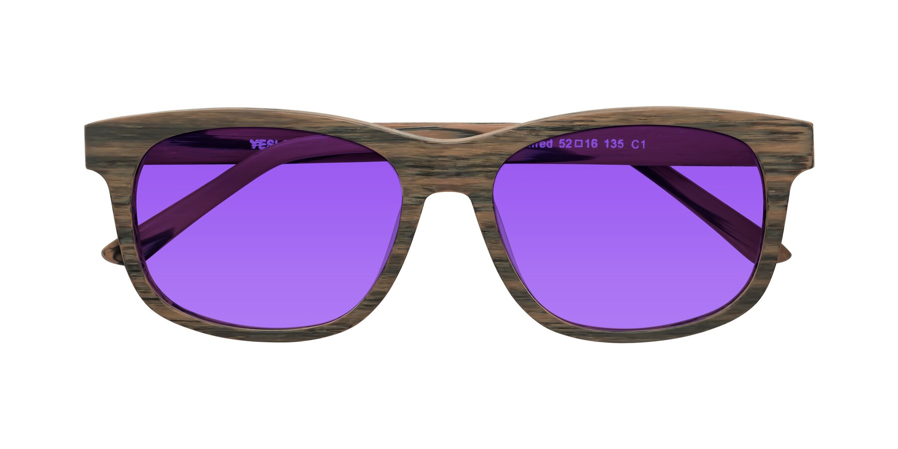 Folded Front of Alfred in Burnt Tan Woodgrain with Purple Tinted Lenses