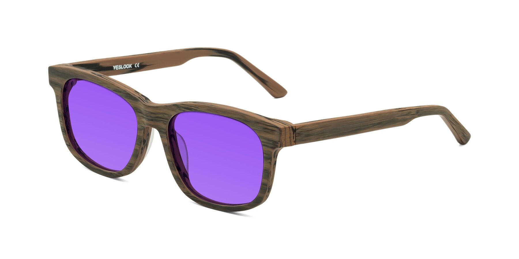 Angle of Alfred in Burnt Tan Woodgrain with Purple Tinted Lenses