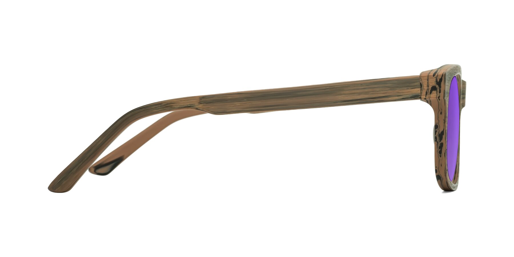Side of Alfred in Burnt Tan Woodgrain with Purple Tinted Lenses