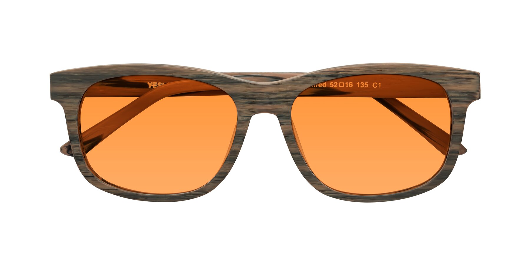 Folded Front of Alfred in Burnt Tan Woodgrain with Orange Tinted Lenses