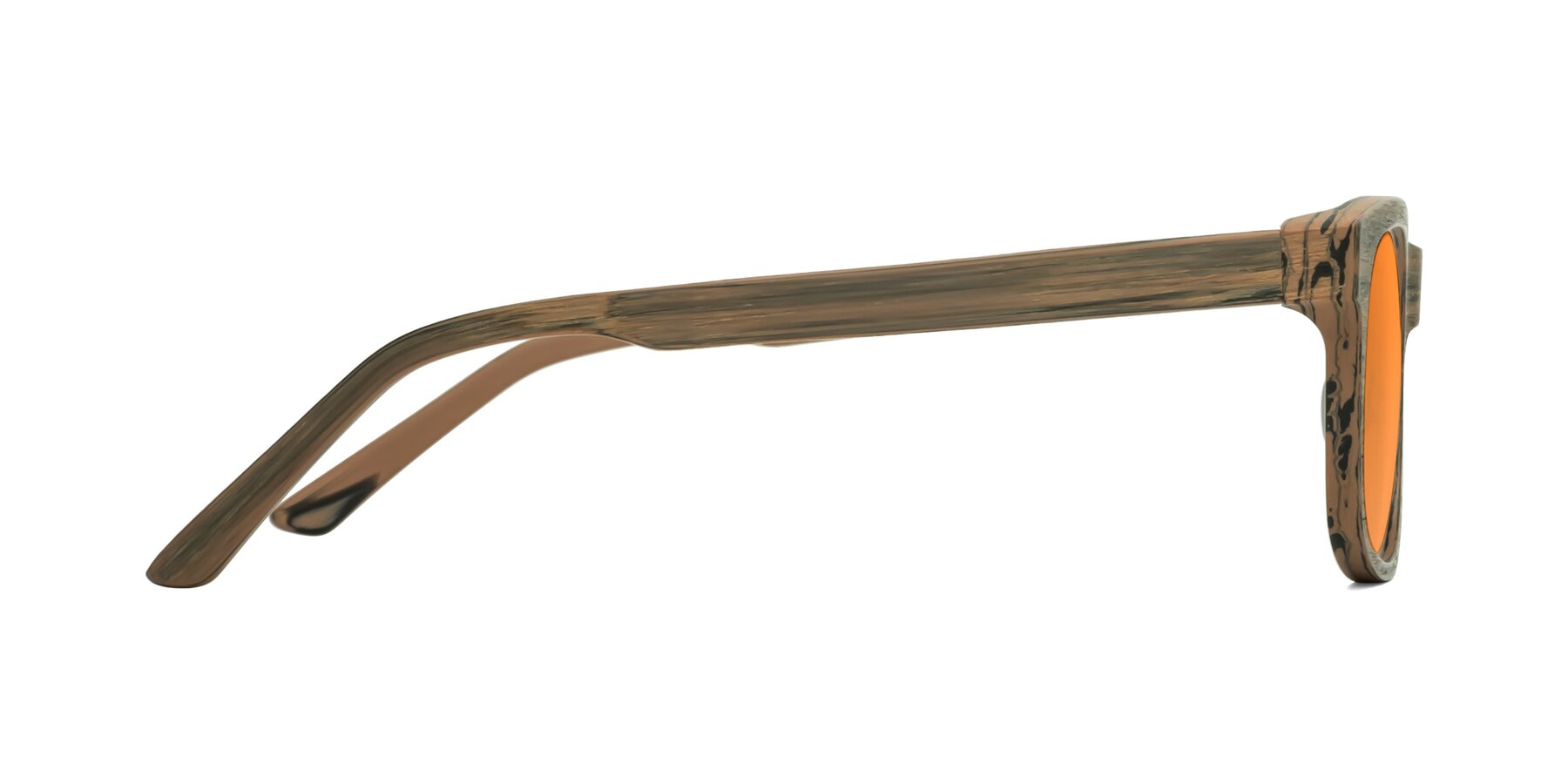 Side of Alfred in Burnt Tan Woodgrain with Orange Tinted Lenses