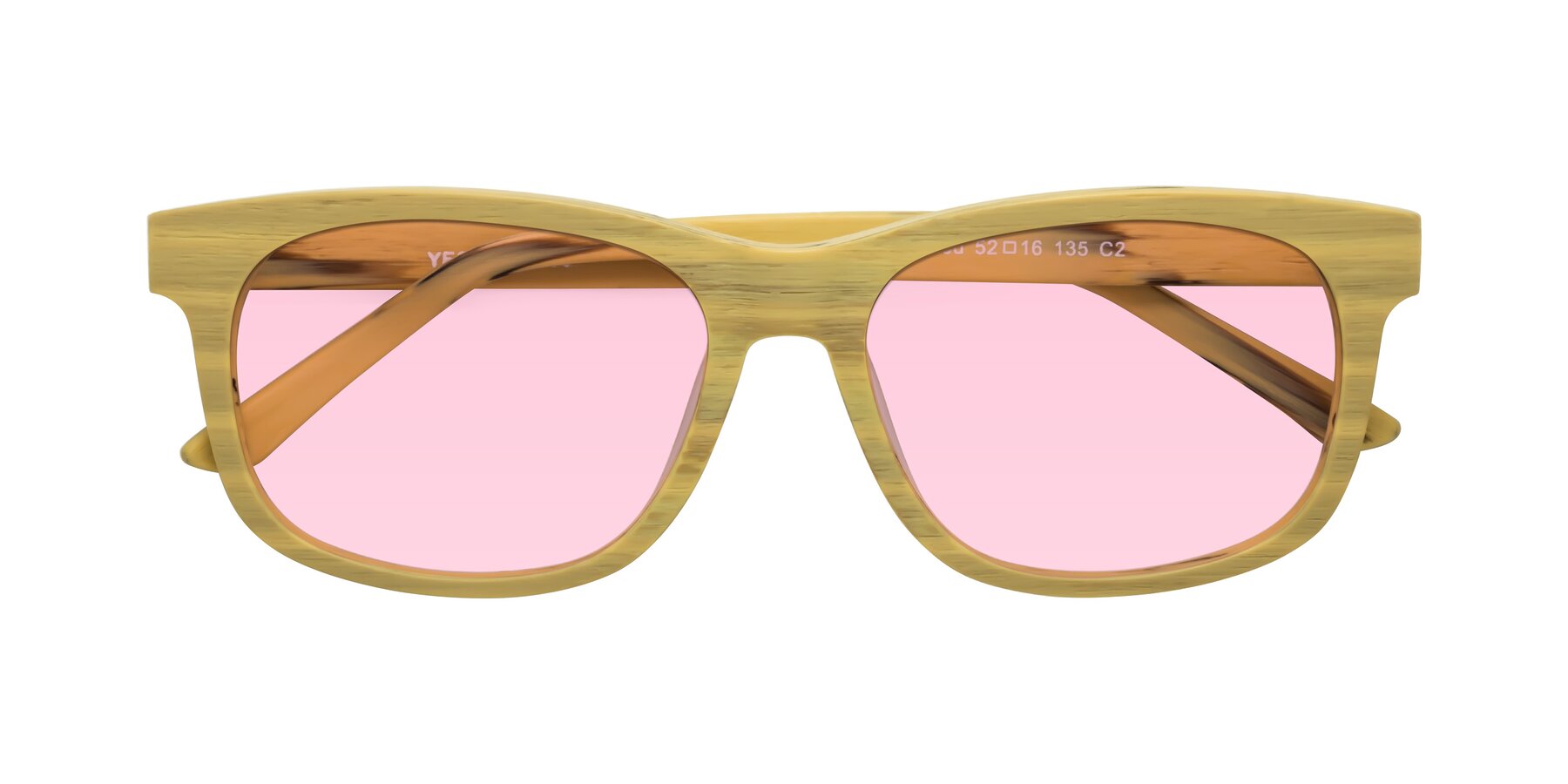 Folded Front of Alfred in Egg Yolk Woodgrain with Light Pink Tinted Lenses