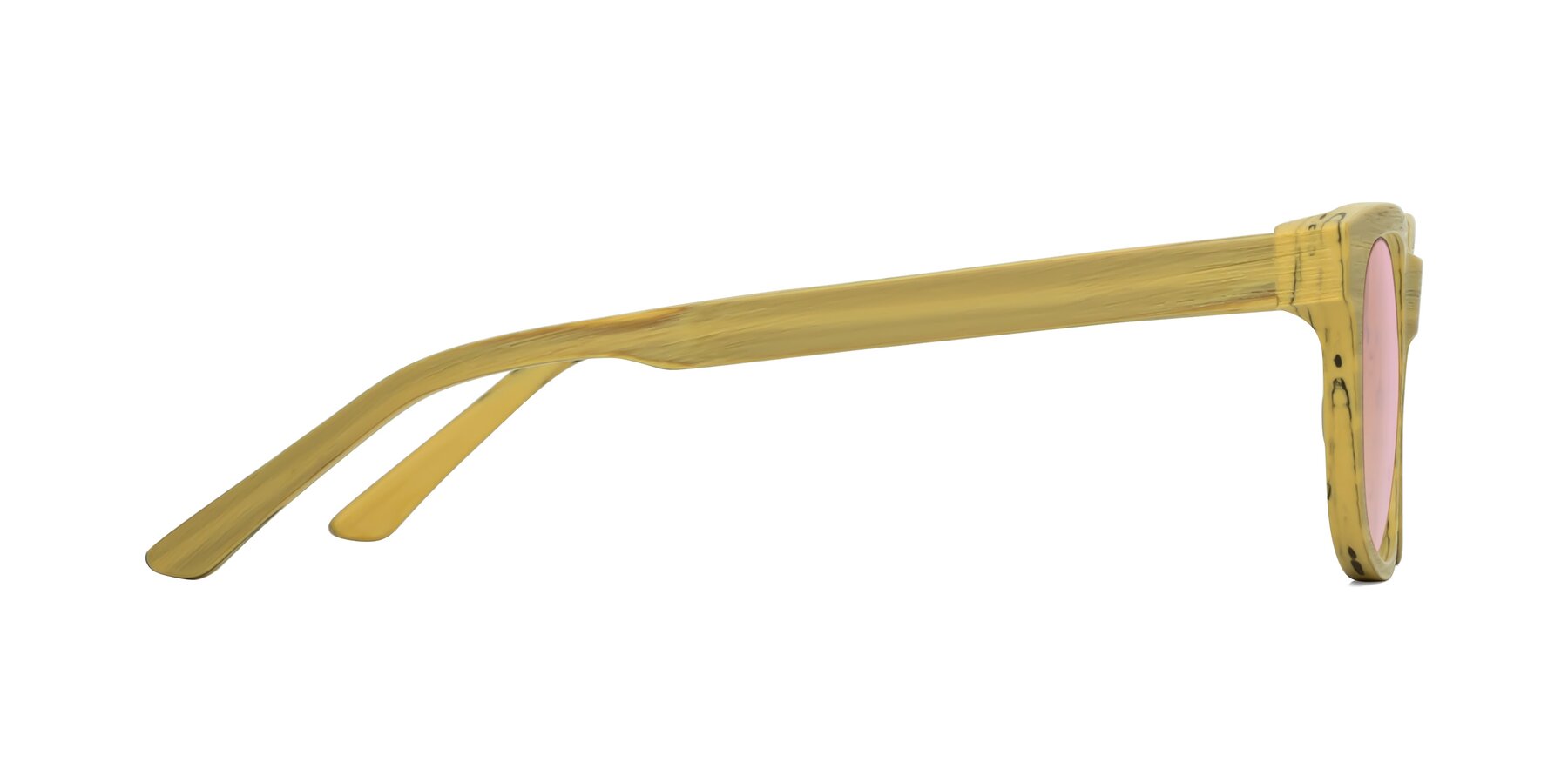 Side of Alfred in Egg Yolk Woodgrain with Light Pink Tinted Lenses
