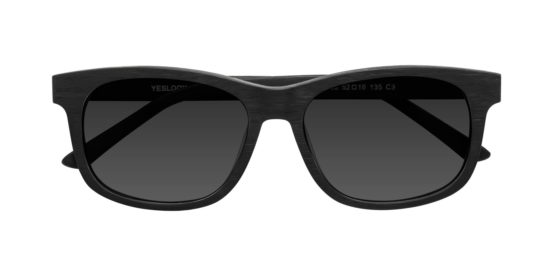 Folded Front of Alfred in Black Woodgrain with Gray Tinted Lenses