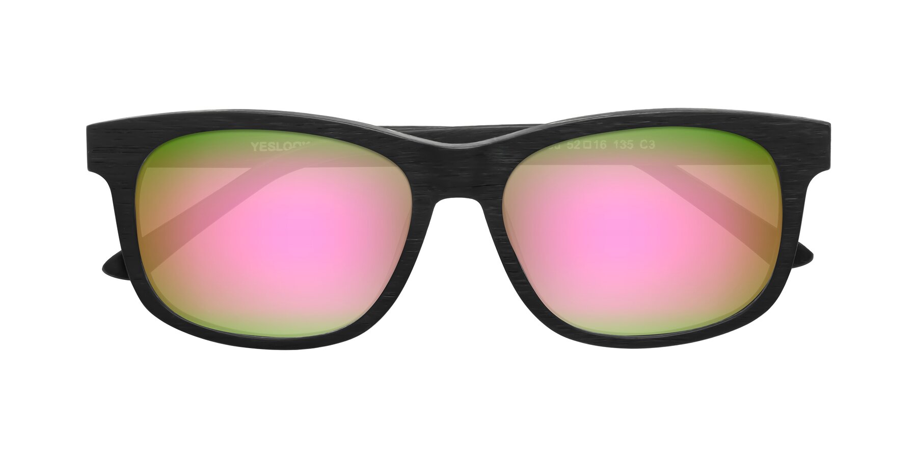 Folded Front of Alfred in Black Woodgrain with Pink Mirrored Lenses