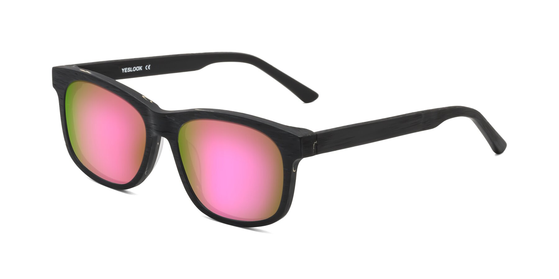 Angle of Alfred in Black Woodgrain with Pink Mirrored Lenses