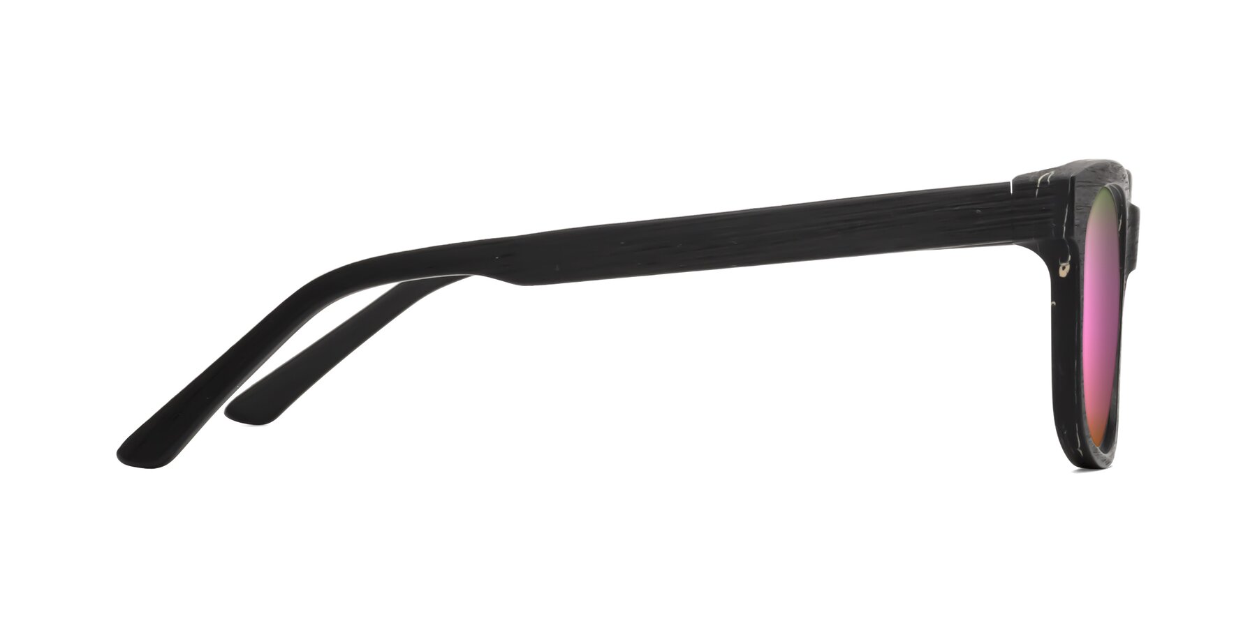 Side of Alfred in Black Woodgrain with Pink Mirrored Lenses