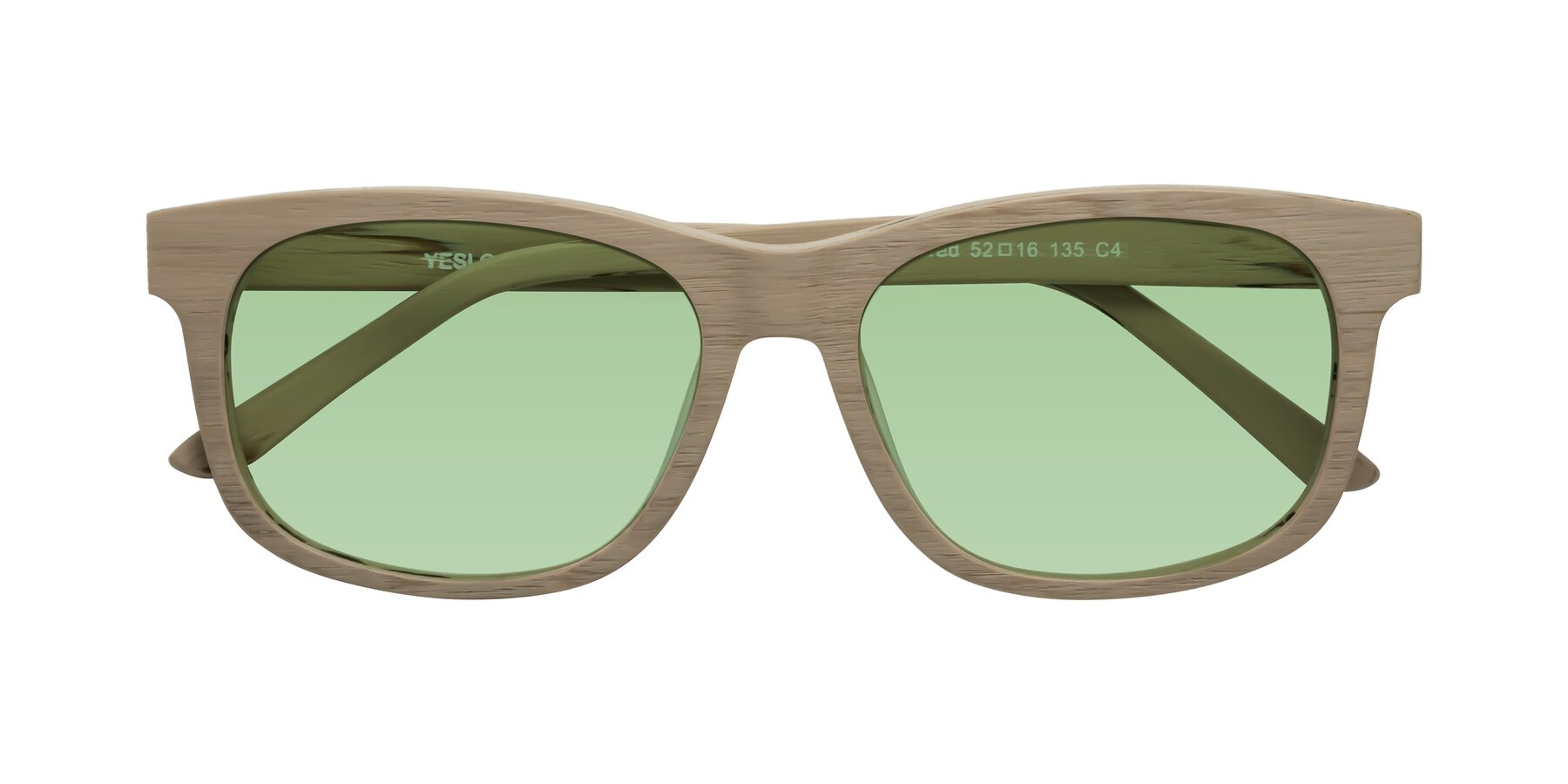 Folded Front of Alfred in Pale Mauve Woodgrain with Medium Green Tinted Lenses