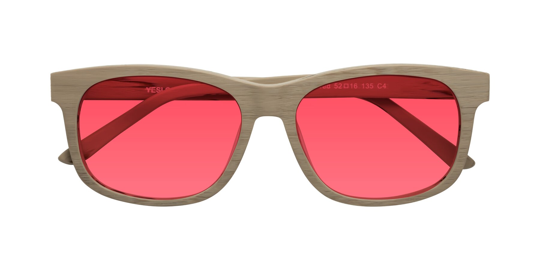 Folded Front of Alfred in Pale Mauve Woodgrain with Red Tinted Lenses