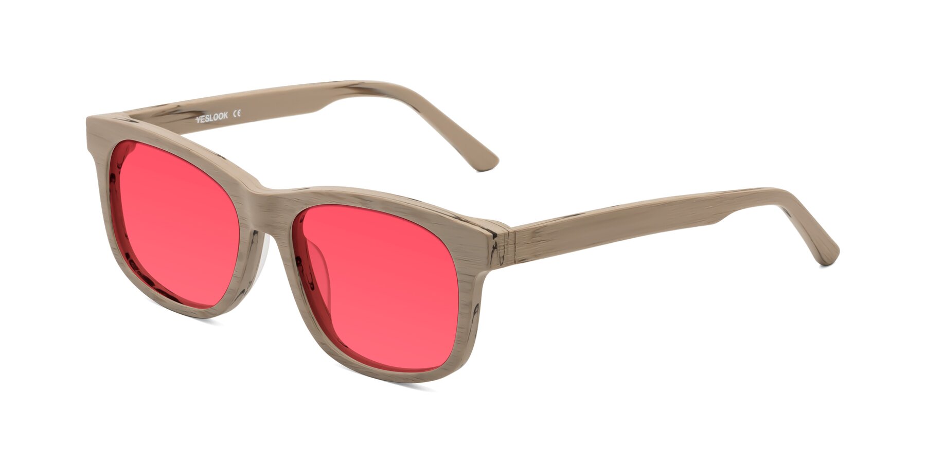 Angle of Alfred in Pale Mauve Woodgrain with Red Tinted Lenses