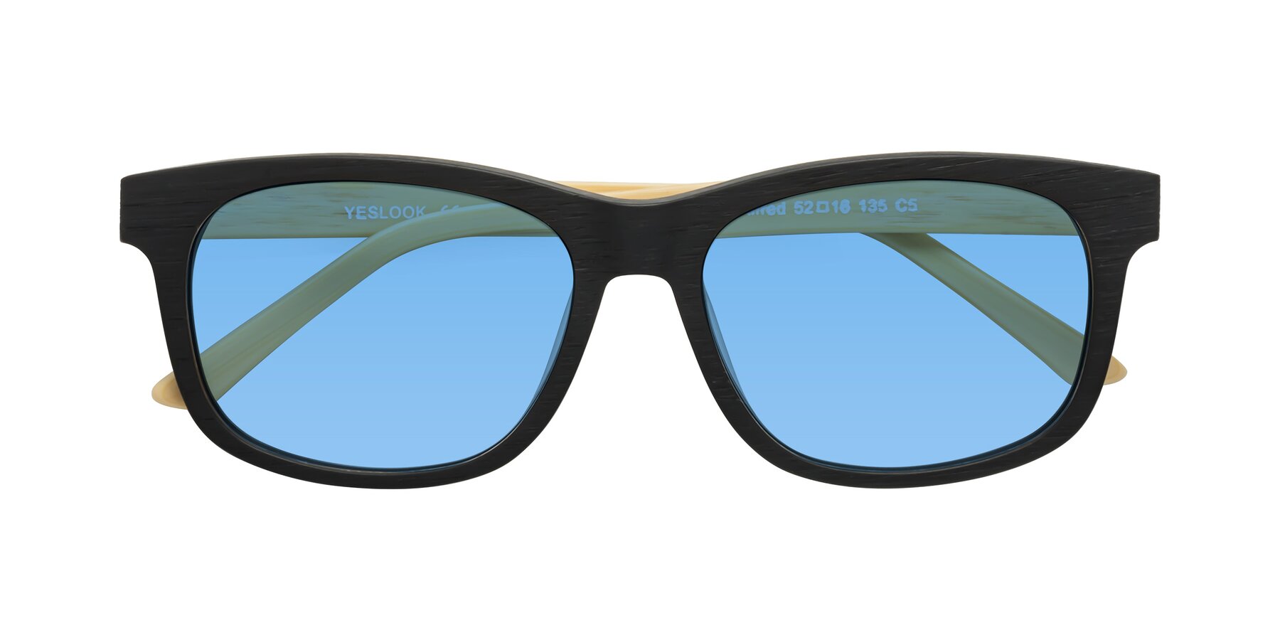 Folded Front of Alfred in Black-Light Yellow Woodgrain with Medium Blue Tinted Lenses