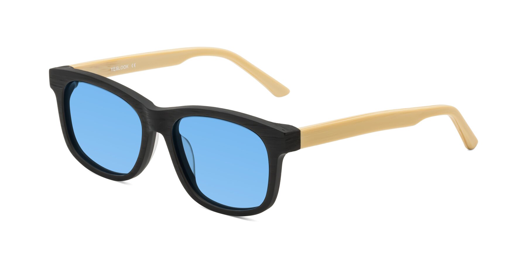 Angle of Alfred in Black-Light Yellow Woodgrain with Medium Blue Tinted Lenses
