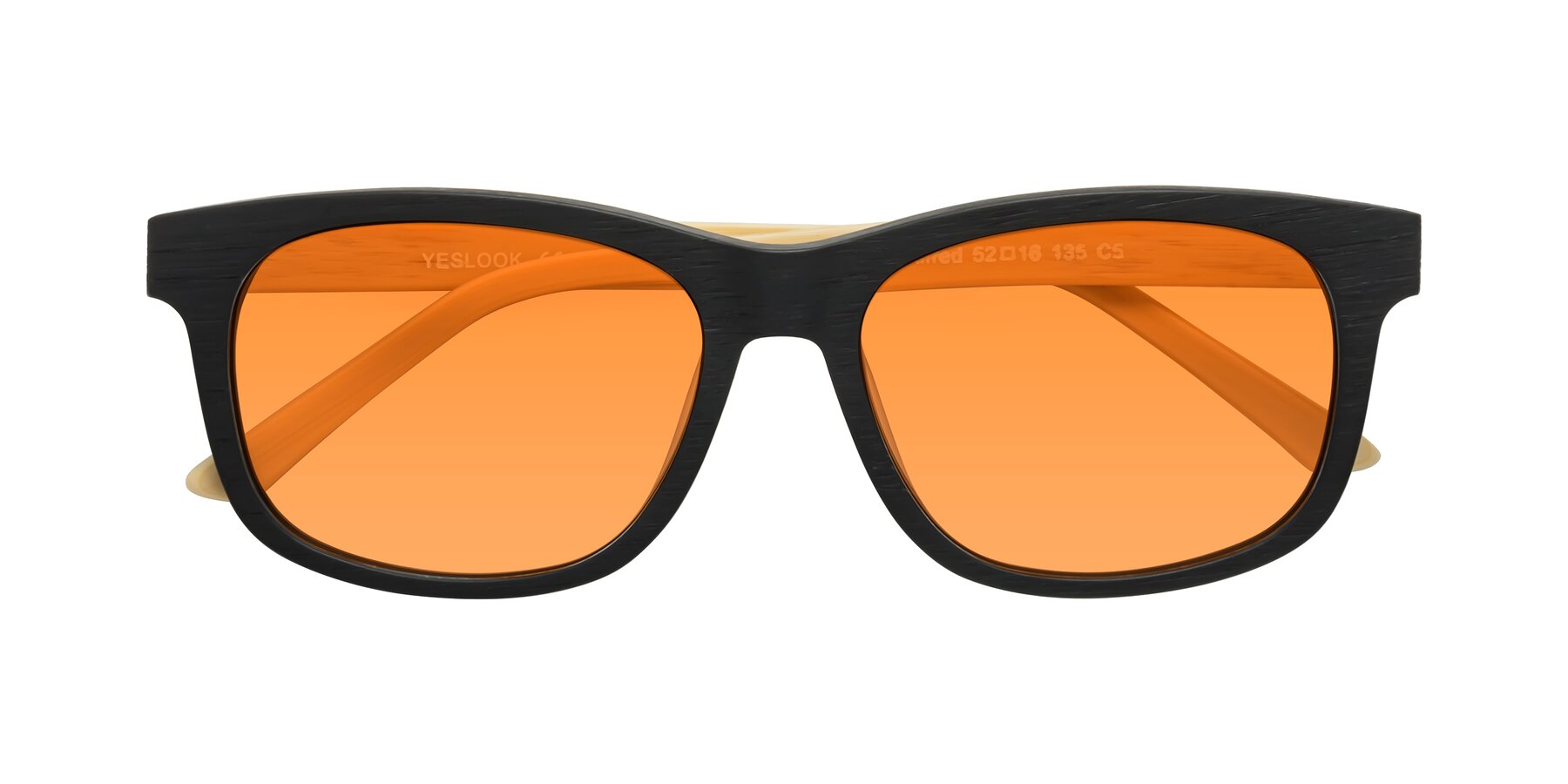 Folded Front of Alfred in Black-Light Yellow Woodgrain with Orange Tinted Lenses
