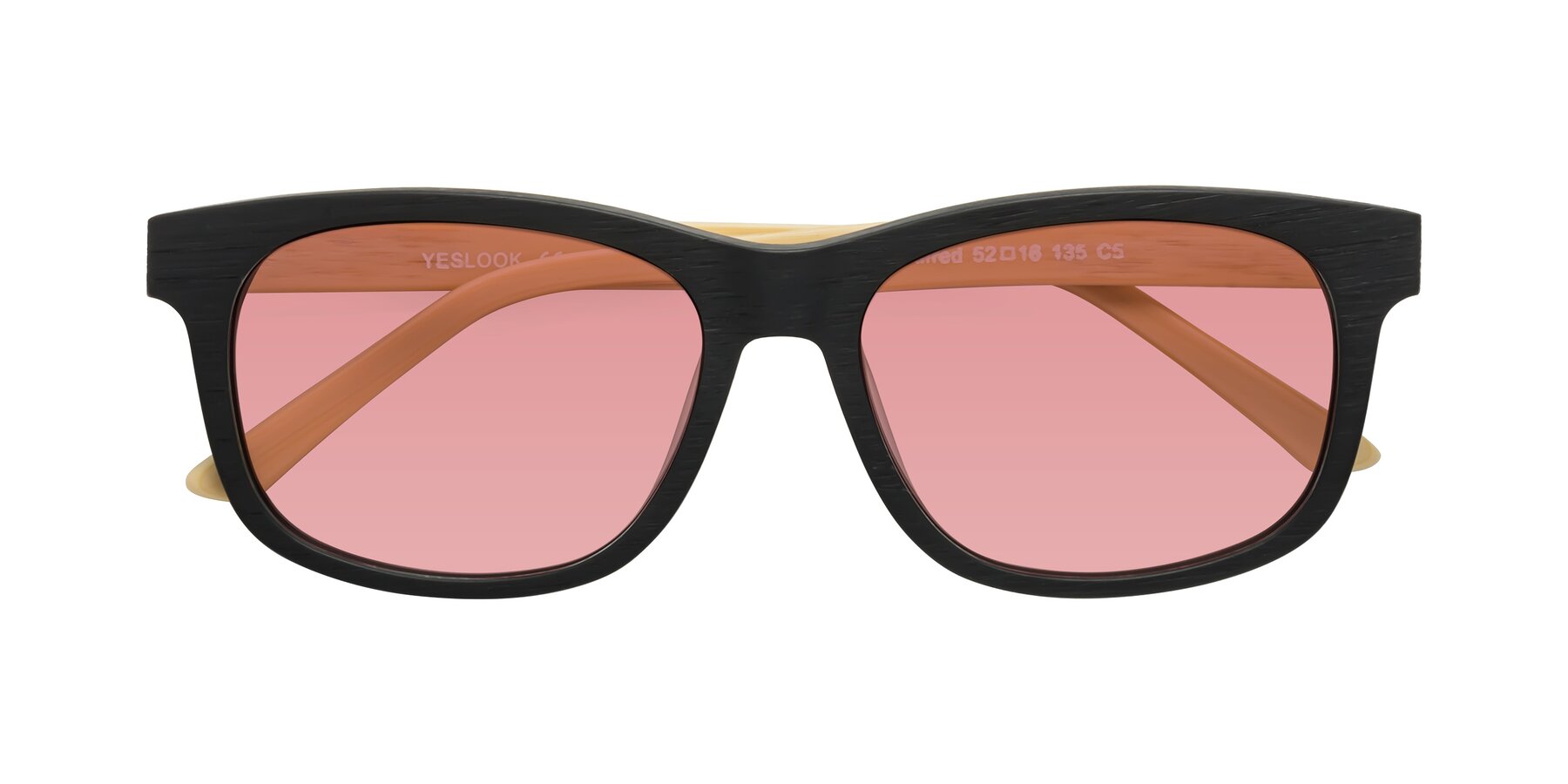 Folded Front of Alfred in Black-Light Yellow Woodgrain with Medium Garnet Tinted Lenses
