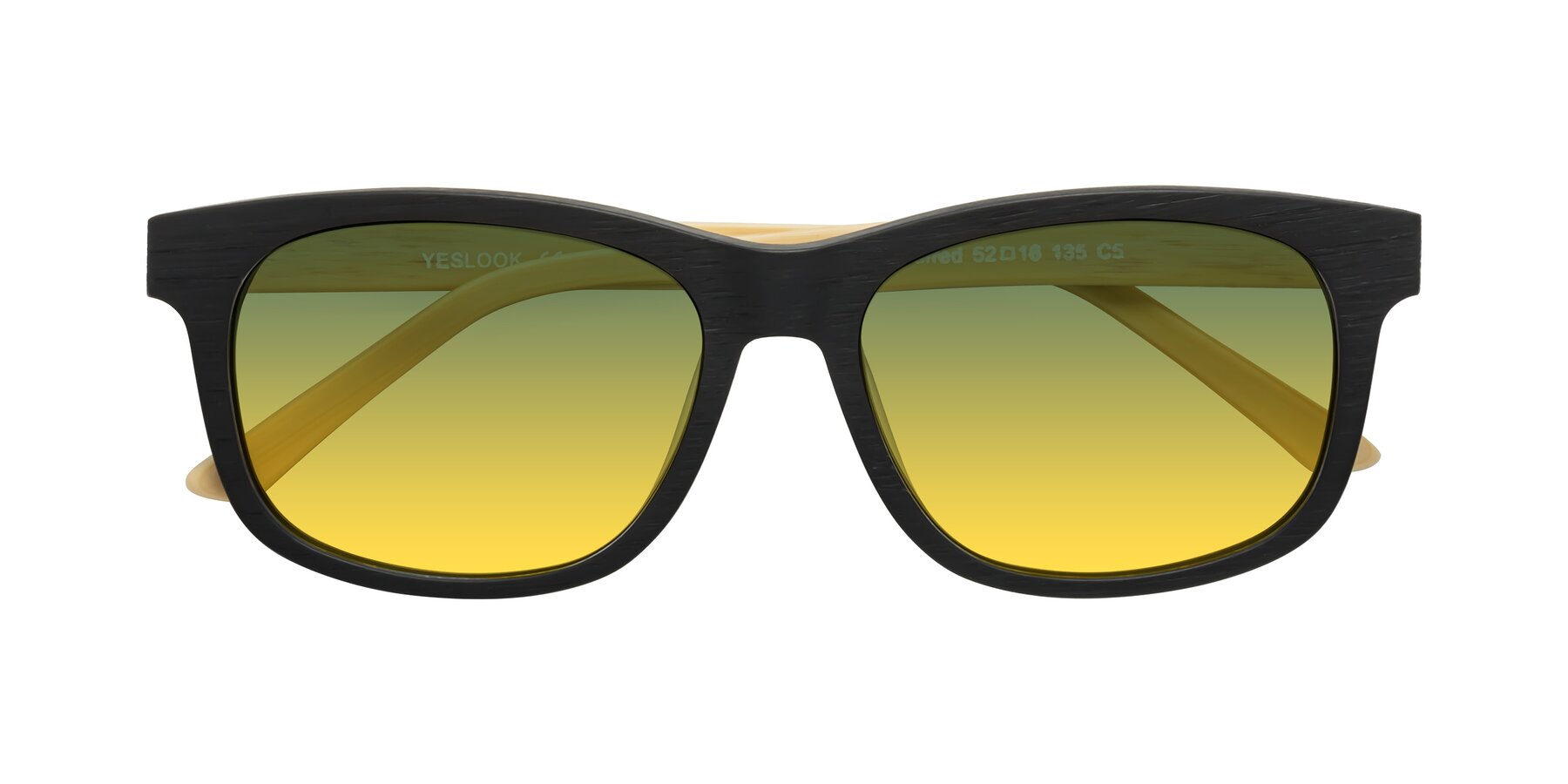 Folded Front of Alfred in Black-Light Yellow Woodgrain with Green / Yellow Gradient Lenses