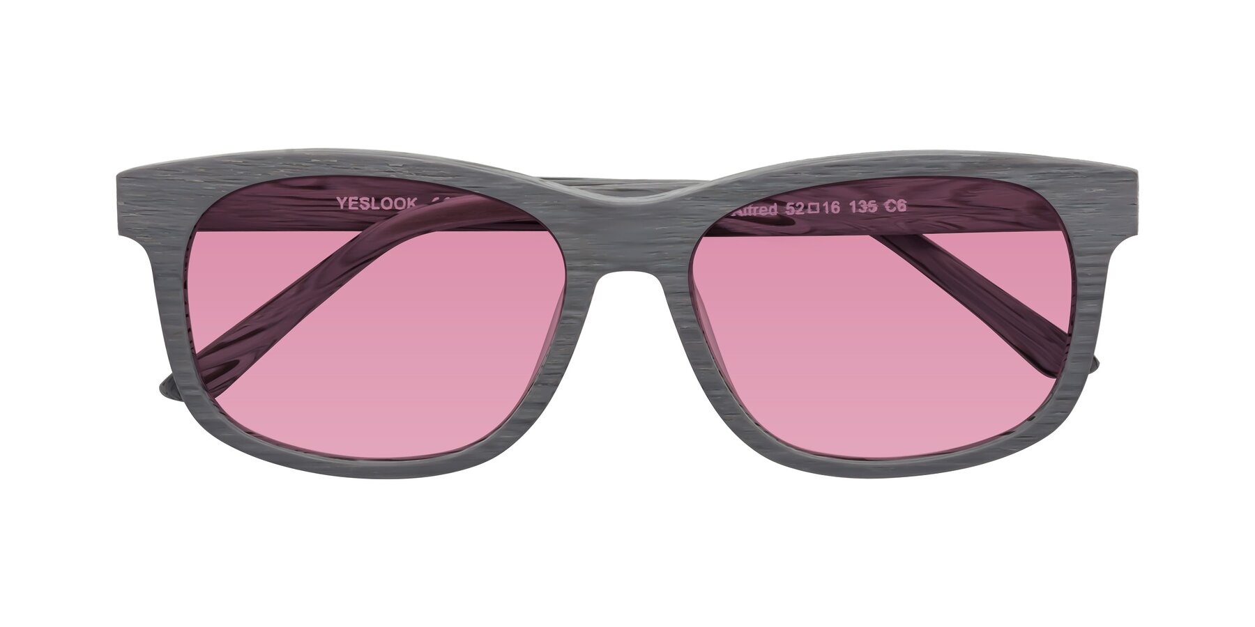 Folded Front of Alfred in Cement Woodgrain with Medium Wine Tinted Lenses