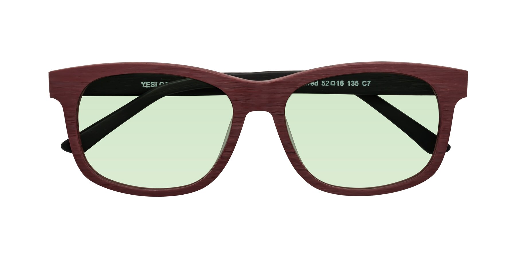 Folded Front of Alfred in Burgundy-Black Woodgrain with Light Green Tinted Lenses